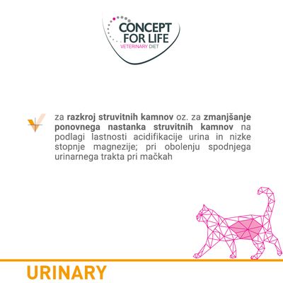 CONCEPT FOR LIFE VETERINARY DIET; za razkroj struvitnih kamnov oz. zmanjšanje ponovnega nastanka struvitnih kamnov pri mačkah; URINARY