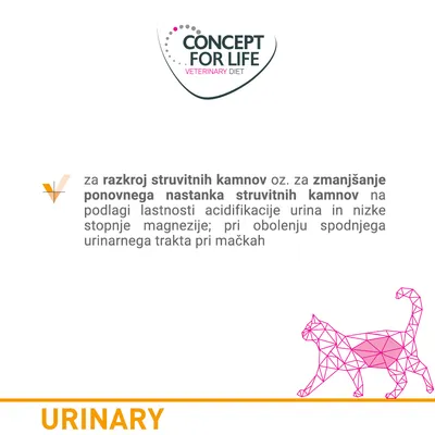 CONCEPT FOR LIFE VETERINARY DIET; za razkroj struvitnih kamnov oz. zmanjšanje ponovnega nastanka struvitnih kamnov pri mačkah; URINARY