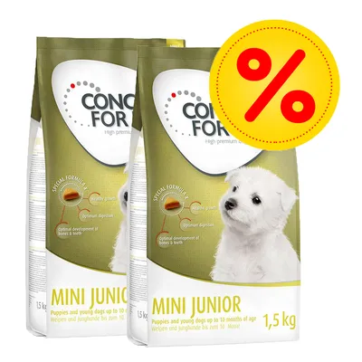 To poser Concept for Life Mini Junior hundefoder, 1,5 kg, med billede af hvalp og tekst: Special Formula, Healthy growth, Optimum digestion, Optimal development of bones & teeth. Procenttegn.