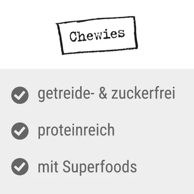 Chewies. Brez žit in sladkorja, bogato z beljakovinami, s superživili.