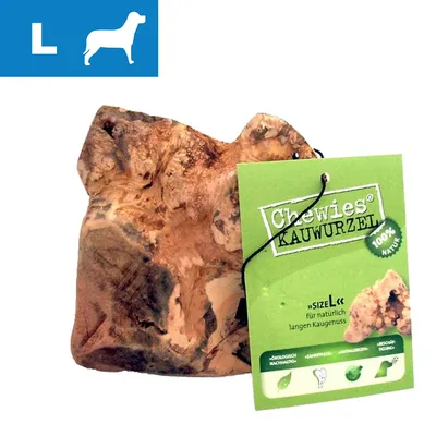 Raíz masticable Chewies KAUWURZEL tamaño L, etiqueta verde con texto en alemán y sello 100 % natur. Producto de madera natural para perros grandes.
