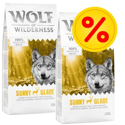 Wolf of Wilderness Sunny Glade, 2 opakowania po 12 kg, 100% grain-free recipe, fresh chicken meat with venison, wild berries, roots & wild herbs. Symbol procentu oznaczający promocję.
