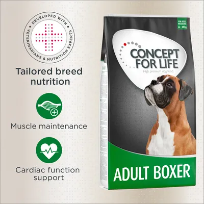 Concept for Life Adult Boxer dog food pack. Visible text: Tailored breed nutrition, Muscle maintenance, Cardiac function support, Developed with veterinarians & nutrition experts. Concept for Life Adult Boxer dog food pack. Visible text: Tailored breed nutrition, Muscle maintenance, Cardiac function support, Developed with veterinarians & nutrition experts.