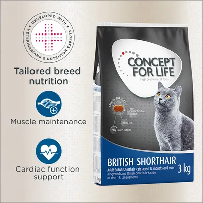 Vreća hrane za mačke Concept for Life British Shorthair 3 kg, slika britanske kratkodlake mačke, vidljiv tekst: Tailored breed nutrition, Muscle maintenance, Cardiac function support. Vreća hrane za mačke Concept for Life British Shorthair 3 kg, slika britanske kratkodlake mačke, vidljiv tekst: Tailored breed nutrition, Muscle maintenance, Cardiac function support.