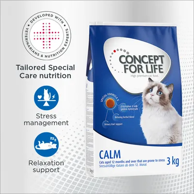 CONCEPT FOR LIFE CALM hrana za mačke, 3 kg. Tekst: Tailored Special Care nutrition, Stress management, Relaxation support. Developed with veterinarians & nutrition experts. Za mačke od 12 mjeseci. CONCEPT FOR LIFE CALM hrana za mačke, 3 kg. Tekst: Tailored Special Care nutrition, Stress management, Relaxation support. Developed with veterinarians & nutrition experts. Za mačke od 12 mjeseci.