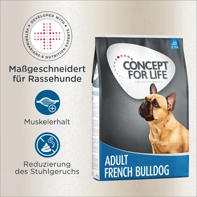 Concept for Life Adult French Bulldog, massgeschneidert für Rassehunde. Vorteile: Muskelerhalt und Reduzierung des Stuhlgeruchs. Entwickelt mit Tierärzten und Ernährungsexperten. Concept for Life Adult French Bulldog, massgeschneidert für Rassehunde. Vorteile: Muskelerhalt und Reduzierung des Stuhlgeruchs. Entwickelt mit Tierärzten und Ernährungsexperten.