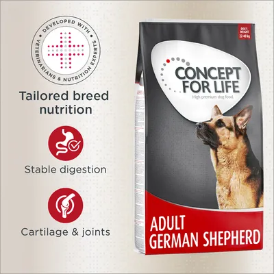 Concept for Life Adult German Shepherd food, developed with veterinarians and nutrition experts. Features tailored breed nutrition, stable digestion, and support for cartilage and joints. Concept for Life Adult German Shepherd food, developed with veterinarians and nutrition experts. Features tailored breed nutrition, stable digestion, and support for cartilage and joints.
