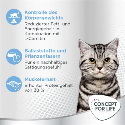 Texte en allemand : contrôle du poids, fibres végétales pour satiété, maintien musculaire avec 38 % de protéines. Marque Concept for Life. Chat tigré gris visible.