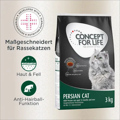 Sachet Concept for Life Persian Cat 3 kg, texte visible : Haut & Fell, Anti-Hairball-Funktion, Maßgeschneidert für Rassekatzen, Developed with veterinarians & nutrition experts. Sachet Concept for Life Persian Cat 3 kg, texte visible : Haut & Fell, Anti-Hairball-Funktion, Maßgeschneidert für Rassekatzen, Developed with veterinarians & nutrition experts.