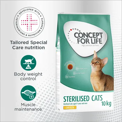 CONCEPT FOR LIFE Sterilised Cats 10 kg, Chicken. Tekst: Developed with veterinarians & nutrition experts, Tailored Special Care nutrition, Body weight control, Muscle maintenance. CONCEPT FOR LIFE Sterilised Cats 10 kg, Chicken. Tekst: Developed with veterinarians & nutrition experts, Tailored Special Care nutrition, Body weight control, Muscle maintenance.