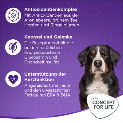 Antioxidantienkomplex mit Aroniabeere, grünem Tee, Hopfen und Ringelblumen. Knorpelbausteine Glucosamin und Chondroitinsulfat. Unterstützung der Herzfunktion mit Taurin, EPA & DHA.