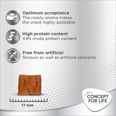 Optimum acceptance, high protein content 44% crude protein, free from artificial flavours and colourants. Snack piece shown, 17 mm. Concept for Life brand logo visible.