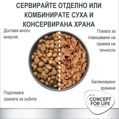 Купа с разделени суха и консервирана храна. Текст: Сервирайте отделно или комбинирайте суха и консервирана храна. Concept for Life. Доставя много енергия, балансирано хранене.