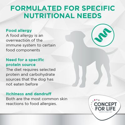 Formulated for specific nutritional needs: food allergy, need for a specific protein source, and itchiness and dandruff as common skin reactions to food allergies. Concept for Life.