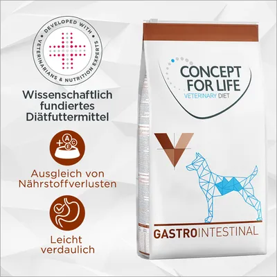 Concept for Life Veterinary Diet Gastro Intestinal. Wissenschaftlich fundiertes Diätfuttermittel, Ausgleich von Nährstoffverlusten, leicht verdaulich. Entwickelt mit Tierärzten. Concept for Life Veterinary Diet Gastro Intestinal. Wissenschaftlich fundiertes Diätfuttermittel, Ausgleich von Nährstoffverlusten, leicht verdaulich. Entwickelt mit Tierärzten.