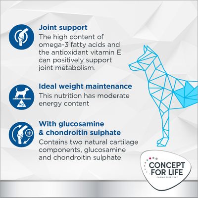 Joint support with omega-3 and vitamin E, ideal weight maintenance with moderate energy content, contains glucosamine and chondroitin sulphate for cartilage. Concept for Life brand.