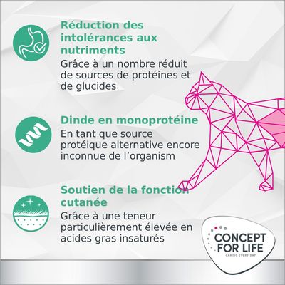 Boîte Concept for Life Veterinary Diet Hypoallergenic Turkey 200 g, mentions visibles : reduced food intolerances, skin support, single protein.
