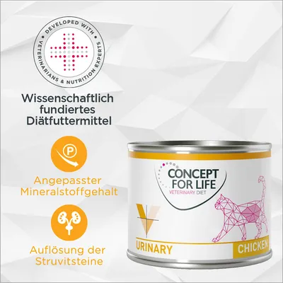Concept for Life Veterinary Diet Urinary Chicken. Wissenschaftlich fundiertes Diätfuttermittel, angepasster Mineralstoffgehalt, Auflösung der Struvitsteine. Concept for Life Veterinary Diet Urinary Chicken. Wissenschaftlich fundiertes Diätfuttermittel, angepasster Mineralstoffgehalt, Auflösung der Struvitsteine.