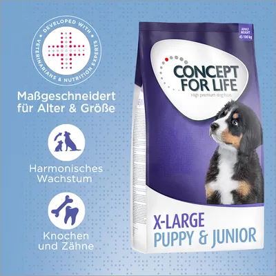 CONCEPT FOR LIFE X-LARGE PUPPY & JUNIOR, croquettes pour chiot, texte en allemand : Maßgeschneidert für Alter & Größe, Harmonisches Wachstum, Knochen und Zähne, poids adulte 45–100 kg. CONCEPT FOR LIFE X-LARGE PUPPY & JUNIOR, croquettes pour chiot, texte en allemand : Maßgeschneidert für Alter & Größe, Harmonisches Wachstum, Knochen und Zähne, poids adulte 45–100 kg.