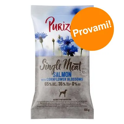 Purizon Single Meat Salmon with Cornflower Blossoms, 65% salmone, 35% altri ingredienti, 0% cereali, confezione da 100 g. Bollino arancione con testo: Provami!