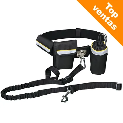 Cinturón negro con bolsillos y botella, correa elástica con mosquetón. Texto visible: Top ventas en la esquina superior derecha sobre fondo naranja. Cinturón negro con bolsillos y botella, correa elástica con mosquetón. Texto visible: Top ventas en la esquina superior derecha sobre fondo naranja.