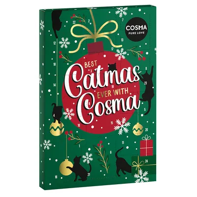 Cosma adventní kalendář pro kočky s nápisem 'Best Catmas Ever with Cosma', zelené balení s červenými a zlatými akcenty, sněhové vločky a hrající si černé kočky. Cosma adventní kalendář pro kočky s nápisem 'Best Catmas Ever with Cosma', zelené balení s červenými a zlatými akcenty, sněhové vločky a hrající si černé kočky.