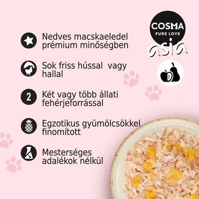 COSMA PURE LOVE asia. Nedves macskaeledel prémium minőségben, sok friss hússal vagy hallal, két vagy több állati fehérjeforrással, egzotikus gyümölcsökkel, mesterséges adalékok nélkül.