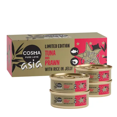 Cosma Asia Limited Edition: tuńczyk i krewetka z ryżem w galarecie. Świąteczny wzór na opakowaniu, zawiera kilka puszek.