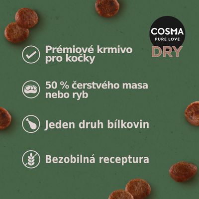COSMA PURE LOVE DRY. Prémiové krmivo pro kočky, 50 % čerstvého masa nebo ryb, jeden druh bílkovin, bezobilná receptura.