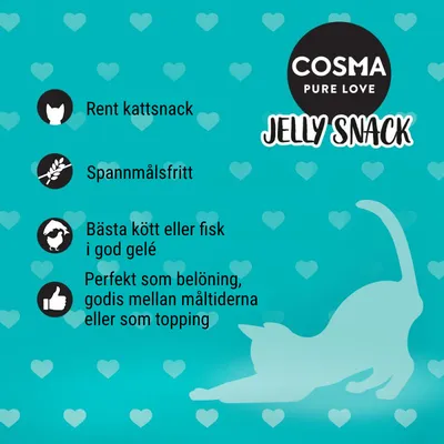 COSMA PURE LOVE JELLY SNACK. Rent kattsnack, spannmålsfritt, bästa kött eller fisk i gelé. Perfekt som belöning, godis mellan måltiderna eller som topping.