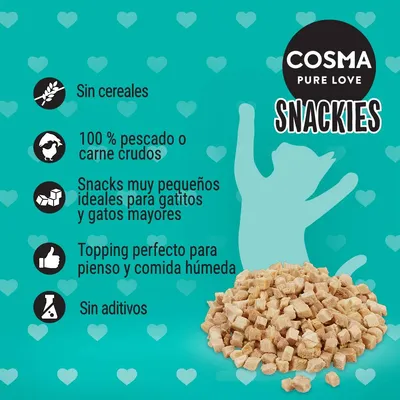COSMA PURE LOVE SNACKIES. Sin cereales, 100 % pescado o carne crudos, snacks muy pequeños ideales para gatitos y gatos mayores, topping perfecto para pienso y comida húmeda, sin aditivos.