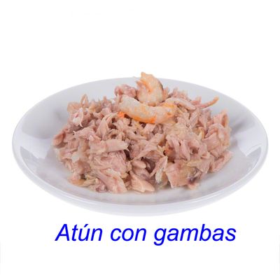 Plato con atún desmenuzado y gambas. Texto visible: Atún con gambas.