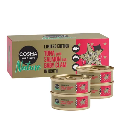 Cosma Pure Love Nature Limited Edition. Thunfisch mit Lachs und Baby-Muscheln in Brühe. Weihnachtsdesign auf Verpackung und Dosen. Cosma Pure Love Nature Limited Edition. Thunfisch mit Lachs und Baby-Muscheln in Brühe. Weihnachtsdesign auf Verpackung und Dosen.