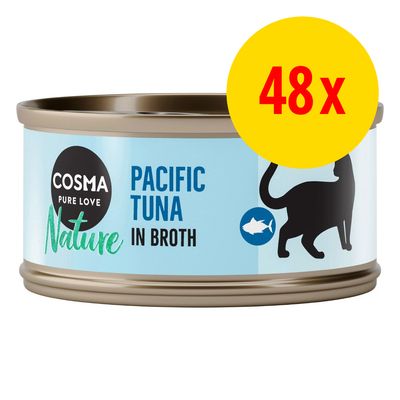 COSMA Pure Love Nature Pacific Tuna in Broth -kissanruokapurkki, pakkauksessa 48 kpl. Etiketissä musta kissan siluetti ja kalan kuva.