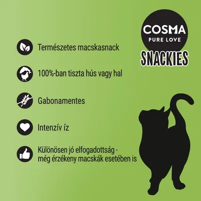 COSMA PURE LOVE SNACKIES. Természetes macskasnack, 100%-ban tiszta hús vagy hal, gabonamentes, intenzív íz, különösen jó elfogadottság még érzékeny macskáknál is.