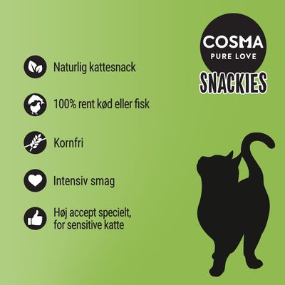 COSMA PURE LOVE SNACKIES. Naturlig kattesnack, 100% rent kød eller fisk, kornfri, intensiv smag, høj accept specielt for sensitive katte. Silhuet af kat.