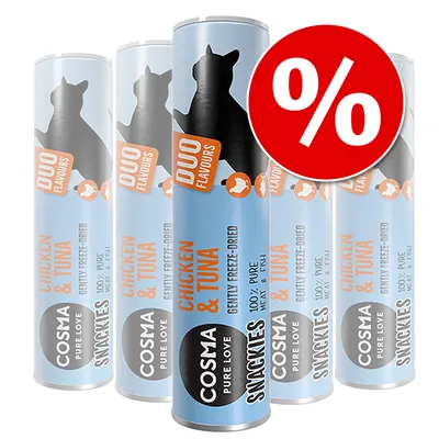 COSMA PURE LOVE SNACKIES DUO FLAVOURS CHICKEN & TUNA, gently freeze-dried, 100% pure meat & fish -pakkaus, punainen prosenttimerkki tarjouksesta