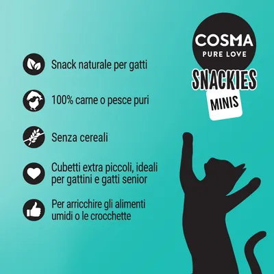 COSMA PURE LOVE SNACKIES MINIS. Snack naturale per gatti, 100% carne o pesce puri, senza cereali, cubetti extra piccoli per gattini e gatti senior, per arricchire alimenti umidi o crocchette.