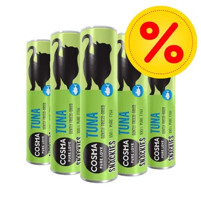 Cosma Pure Love Snackies Tuna, 100% pure fish, gently freeze-dried. Zestaw sześciu opakowań z symbolem procentowym oznaczającym promocję.