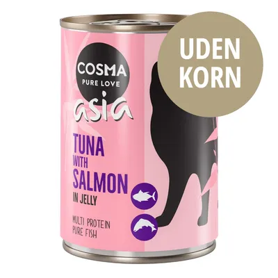Cosma Pure Love asia TUNA WITH SALMON IN JELLY, MULTI PROTEIN PURE FISH, UDEN KORN. Dåse med silhuet af kat og fiskesymboler.