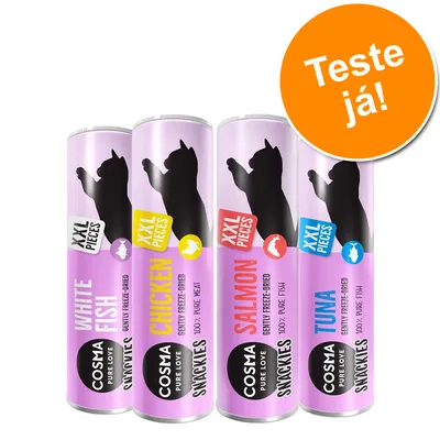 Quatro embalagens Cosma Snackies XXL Pieces para gatos: White Fish, Chicken, Salmon e Tuna. Texto visível: 'Teste já!'.