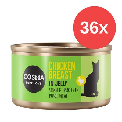 Lata de Cosma Pure Love Chicken Breast in Jelly, Single Protein Pure Meat. Paquete de 36 unidades. Etiqueta verde con silueta de gato y texto en inglés visible.