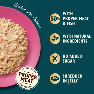 Chicken with salmon. 50% proper meat and fish, with natural ingredients, no added sugar, shredded in jelly. Freshly prepared proper meat, never meat meal.