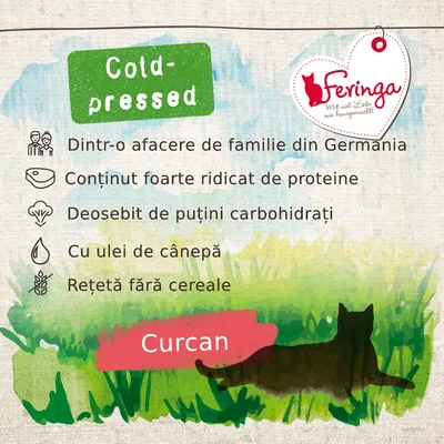 Cold-pressed. Feringa. Dintr-o afacere de familie din Germania, conținut foarte ridicat de proteine, puțini carbohidrați, cu ulei de cânepă, rețetă fără cereale, Curcan.