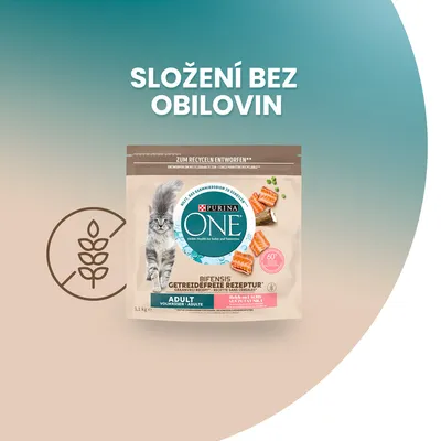 Balení Purina ONE Bifensis Adult bez obilovin, losos a hrášek, 1,1 kg. Text: Složení bez obilovin, Getreidefreie Rezeptur, Adult, Zum Recyceln Entworfen.