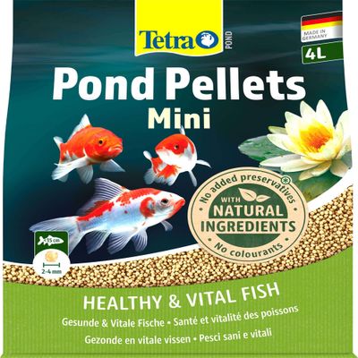 Tetra Pond Pellets Mini, 4 L, Made in Germany. Med naturlige ingredienser, uden konserveringsmidler og farvestoffer. Pelletstørrelse 2-4 mm, for sunde og vitale fisk.