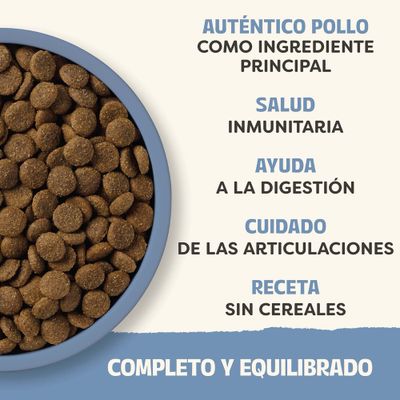 Pollo auténtico como ingrediente principal, salud del sistema inmunitario, apoyo a la digestión, cuidado de las articulaciones, receta sin cereales, completa y equilibrada.
