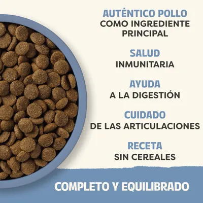 Pollo auténtico como ingrediente principal, salud del sistema inmunitario, apoyo a la digestión, cuidado de las articulaciones, receta sin cereales, completa y equilibrada.