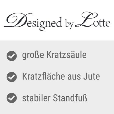Designed by Lotte. Texte en allemand : große Kratzsäule, Kratzfläche aus Jute, stabiler Standfuß.