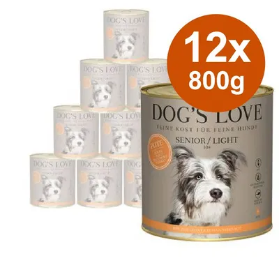 Confezione da 12 lattine da 800 g di DOG'S LOVE Senior/Light, immagine di un cane sul fronte della confezione. Testo visibile: 'FEINE KOST FÜR FEINE HUNDE', 'SENIOR/LIGHT'.